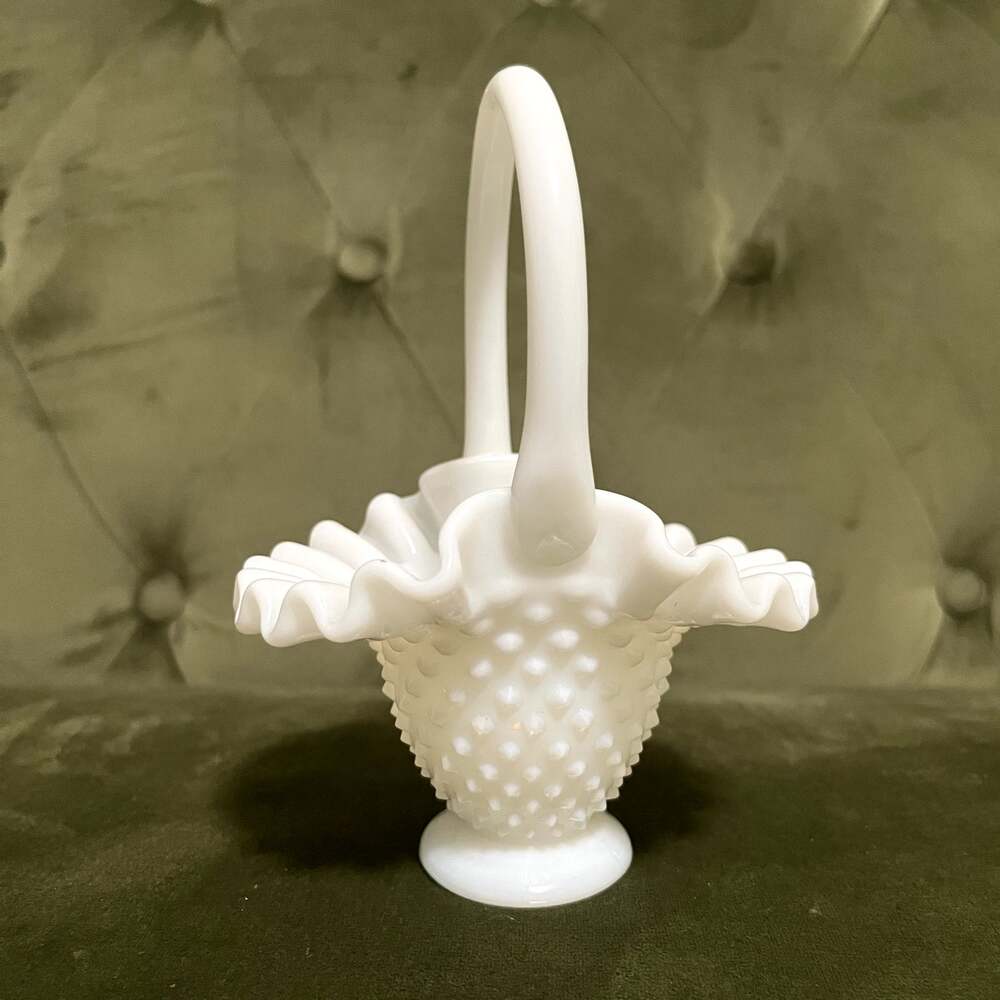 Fenton Hobnail White Ruffled Rim Milk Glass Basket 7"
